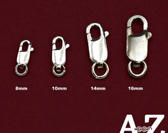 May include: Four silver-toned lobster claw clasps arranged in a row, labeled with sizes 8mm, 10mm, 14mm, and 16mm. Each clasp features a spring-loaded mechanism and a circular jump ring at the base. The text AZ Jewelry Supply & Crystal Shop is visible.