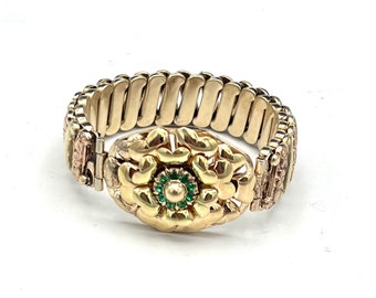 1940s expansion bracelet 12 kt gold filled  yellow and rosed gold vermeil over sterling flower floral green rhinestone