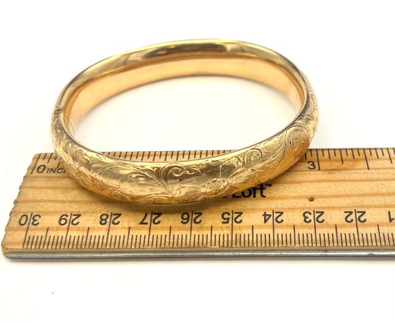 14kt Solid Gold Bangle etch floral hinged bracele… - image 7