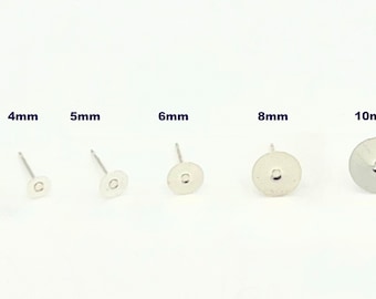 Pendientes de botón con almohadilla plana de plata esterlina, pendientes de botón, suministros para hacer joyas de 925, 3 mm, 4 mm, 5 mm, 6 mm, 8 mm y 10 mm, paquete de 10