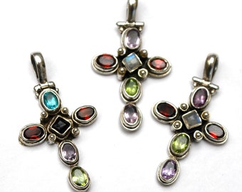 Collier Croix En Argent 925 Avec Labradorite Et Améthyste - Longueur 18 Pouces, Fait Main