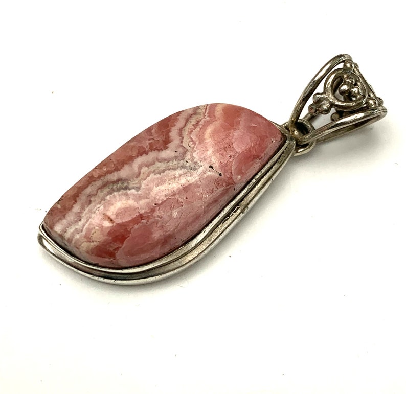 Sterling silver Rhodochrosite pendant pink white gemstone silver flower filigree balependant