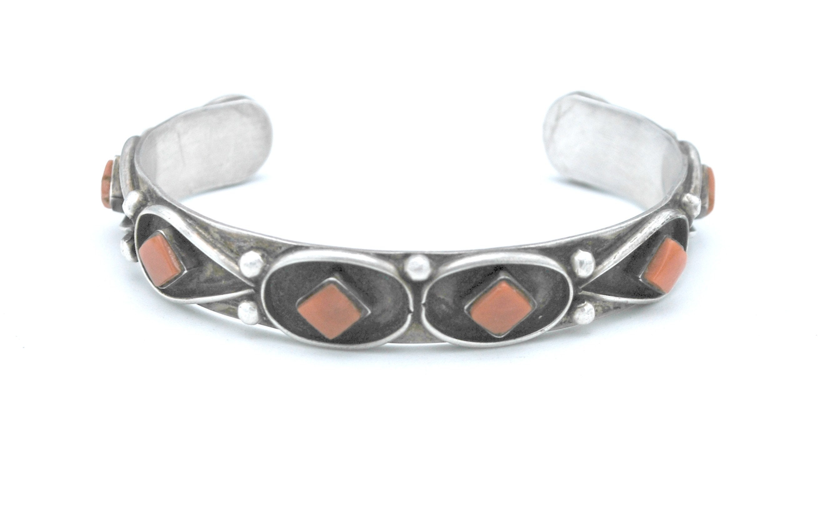 Navajo Hand Crafted Coral Cuff Bracelet Sterling Silver Native American ...