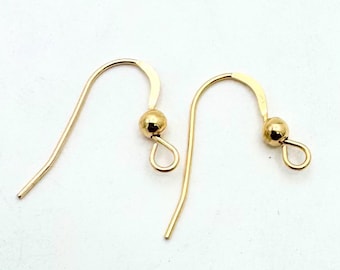 Ganchos para pendientes de oro macizo de 14 kt, planos, con bola de 3 mm, gancho de alambre francés, fabricación de joyas - suministros para pendientes - anzuelo vendido por par