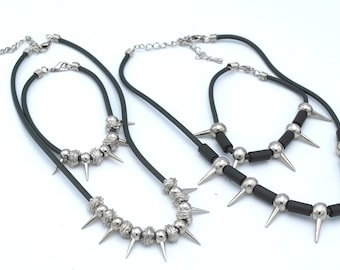 Spiked silver bead  Necklace bracelet sets old stock 1980 punk heavy metal style silver spike black  beads jewelry set