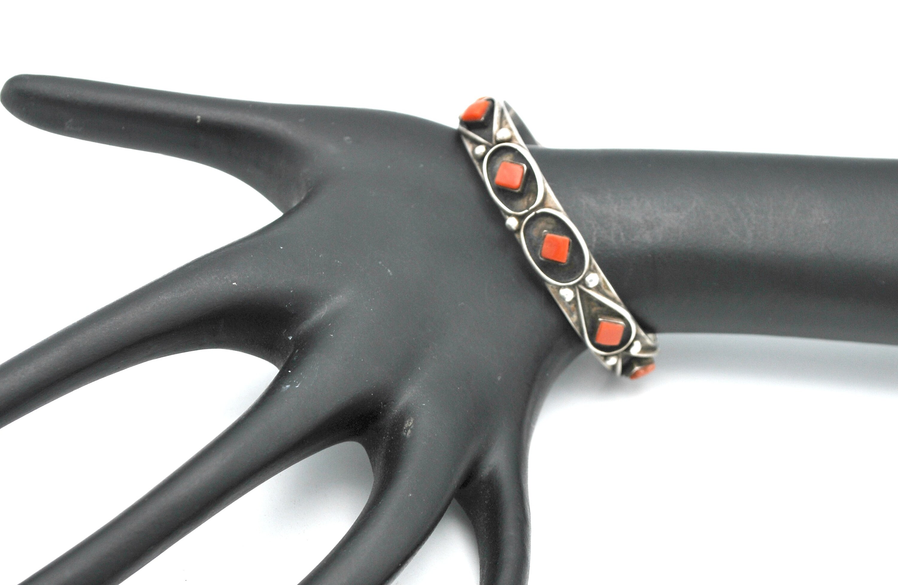 Navajo Hand Crafted Coral Cuff Bracelet Sterling Silver Native American ...
