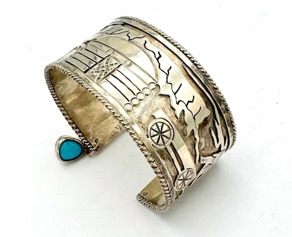Signed Native American Navajo Textured Mountain Sterling Silver Bracelet Signed Native American Navajo Textured Mountain Sterling Silver Bracelet