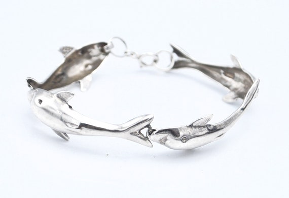 Sterling Silver Dolphin Link Bracelet Heavy Silver Fish Bangle Etsy Canada