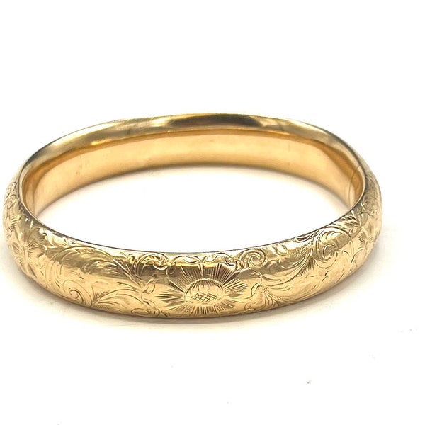 14kt Solid Gold Bangle etch floral hinged bracelet 30 grams