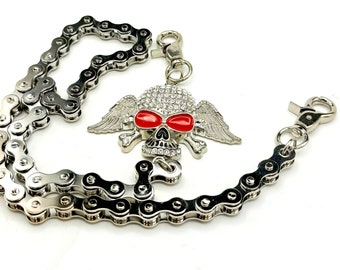 Chrome Biker pant chain rhinestone Skull with wings Chainmaille Wallet Chain,  Jeans Accessory, Retro Keychain, Gothic Mens Chain,