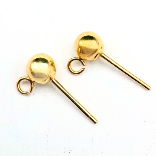 14kt Solid Gold earrings  stud ball  post with open loop   jewelry making  earring supplies 4 mm earring stud yellow gold