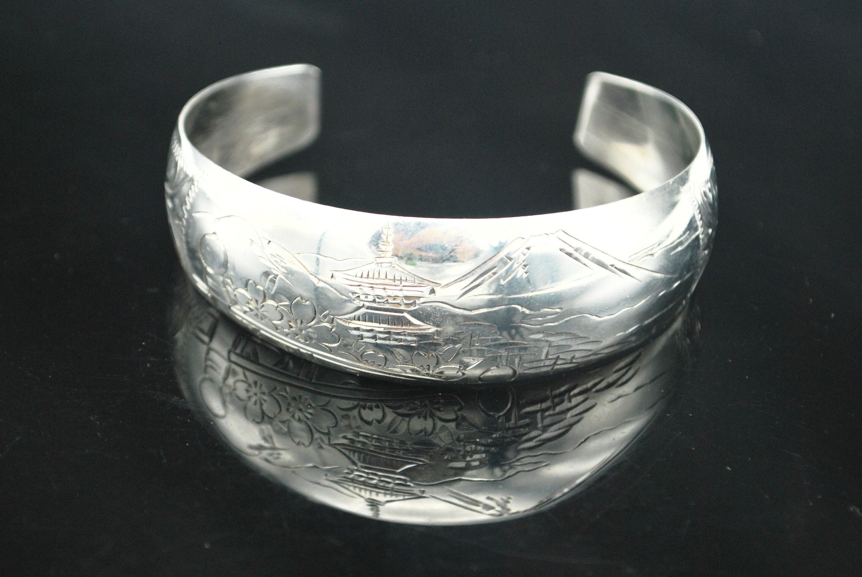 Sterling Silver Cuff Bracelet 950 Asian Etched Mount Fuji - Etsy