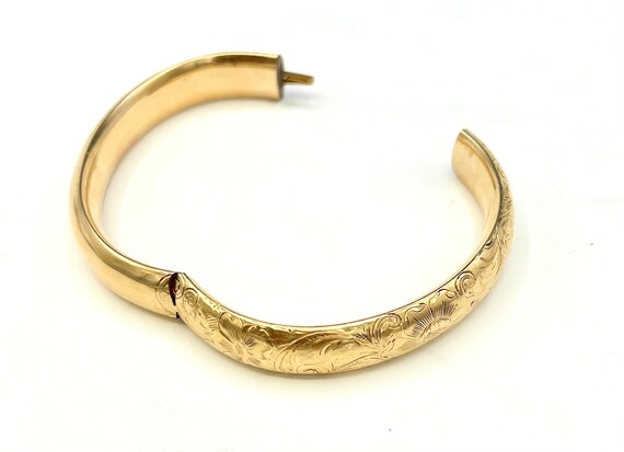 14kt Solid Gold Bangle etch floral hinged bracele… - image 4