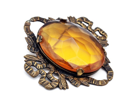 Broche Vintage Strass Tons Orangés Avec 3 Pampilles - Laiton Doré, 65x30mm