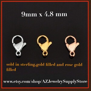 May include: Three lobster claw clasps in silver, gold filled, and rose gold. Each clasp measures 9mm x 4.8mm.  Sold in sterling, gold filled, and rose gold filled.  www.etsy.com/shop/AZJewelrySupplyStore