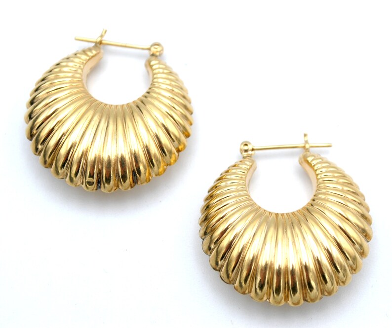 14 kt gold hoop earrings puffy ribbed pierced earring 4.6 | Etsy