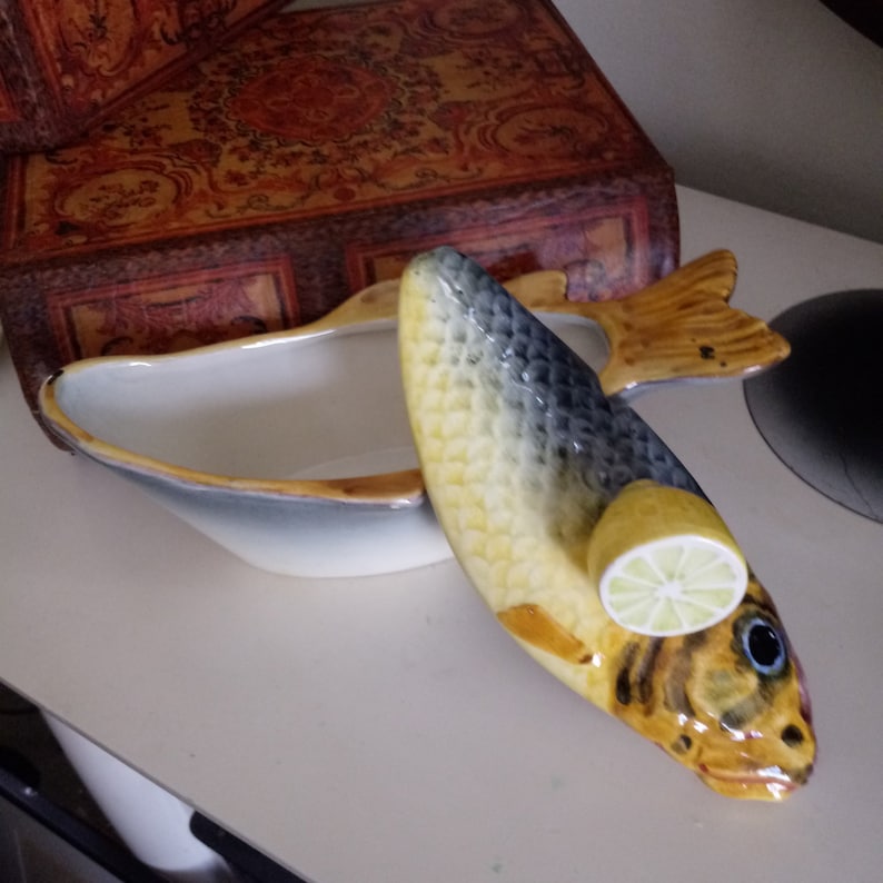 Majolica fish tureen with lemon topper