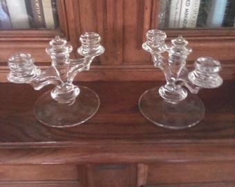 Vintage pair of cut glass double candlesticks