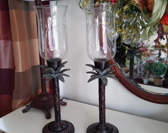 Pair Palm Tree Hurricane Candle Lamps