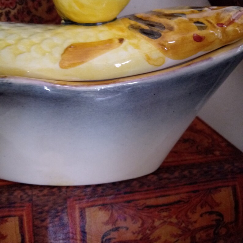 Majolica fish tureen with lemon topper