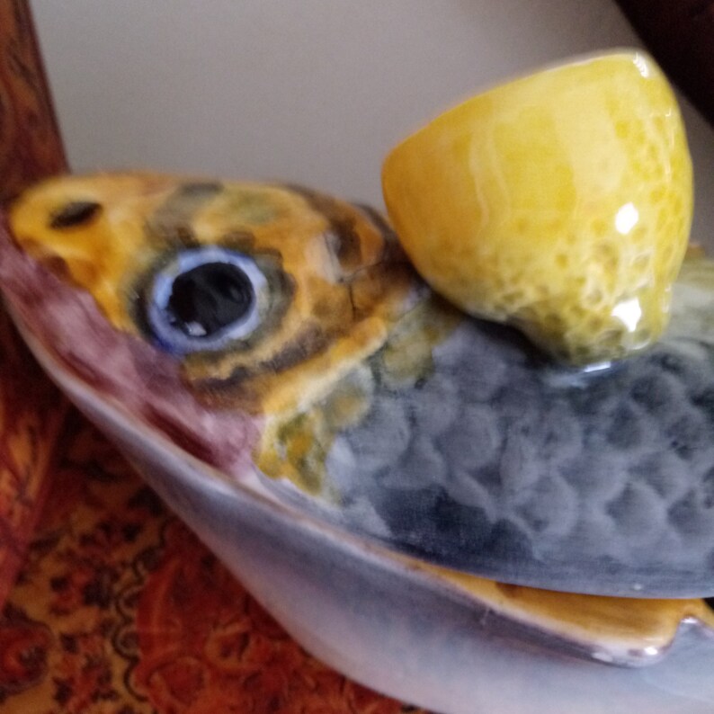 Majolica fish tureen with lemon topper