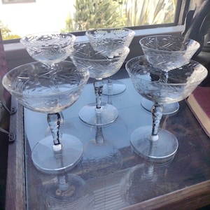 Set of Six etched Champagne Glasses
