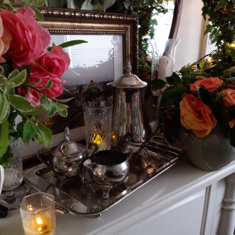 Vintage silver plate coffee serving set with silver tray