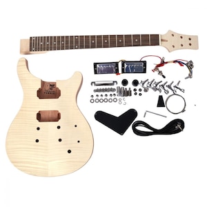 DIY Guitar Kit - PR Style - Mahogany Body with Flame Maple Top,  Maple Neck - Instant Luthier Guitar Build Support - DiY Gift for Guitarist