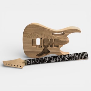 Unfinished electric guitar body and neck. The body is made of ashwood and has a unique shape. The neck is made of maple wood with ebony fretboard.