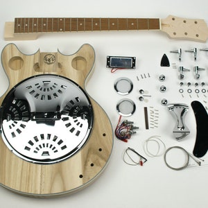 DIY Guitar Kit - Semi-Hollow Resonator in Body Paulownia Wood, Maple Neck with Rosewood Fretboard, Solderless Chrome Parts Set