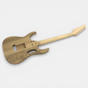 Backside of guitar Jem Ibanez assembled, Unfinished natural wood electric guitar body with a double cutaway design and a maple neck.