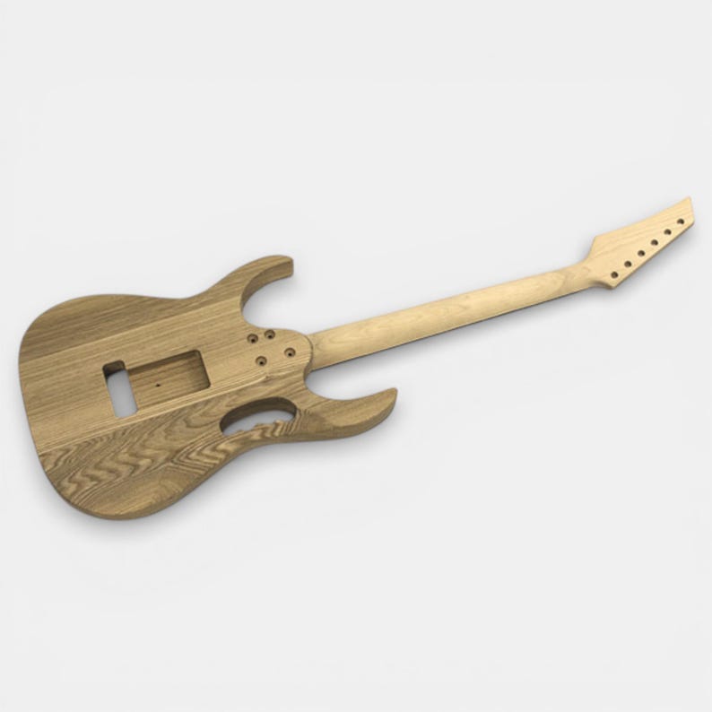 Backside of guitar Jem Ibanez assembled, Unfinished natural wood electric guitar body with a double cutaway design and a maple neck.