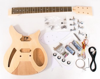 DiY Guitar Kit - RK, Semi-Hollow Style - Mahogany Body, Maple Neck - Build Your Guitar - Beginner Build Level - DiY Gift for Guitarist