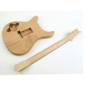 May include: Unfinished electric guitar body and neck made of wood. The body is a light brown color and has a double cutaway design. The neck is also light brown and has a rosewood fretboard.