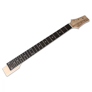 May include: A black electric guitar neck with a natural wood headstock. The neck has 22 frets and a rosewood fingerboard.