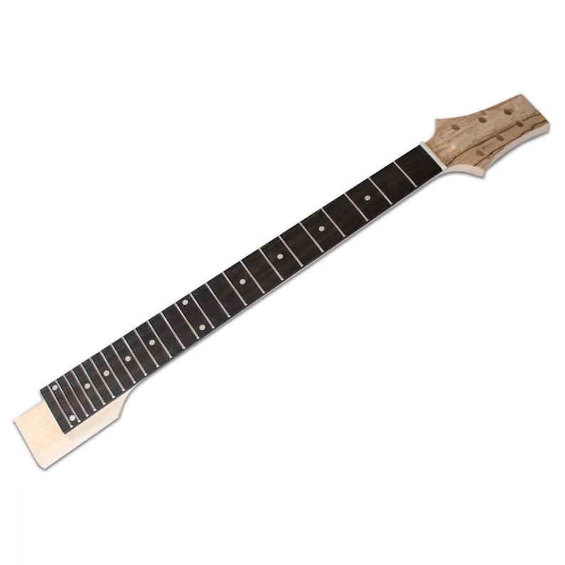 May include: A black electric guitar neck with a natural wood headstock. The neck has 22 frets and a rosewood fingerboard.