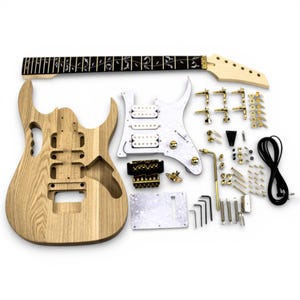 DiY Ibanez Jem guitar kit containing guitar body in ashwood, maple neck with ebony fretboard, hardware in gold colour finish to build your own guitar by The Guitar Fabrik