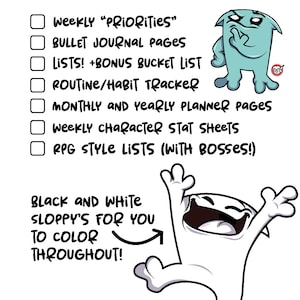 K&ouml;nnte beinhalten: Eine Checkliste mit zwei Comicfiguren. Die Checkliste enth&auml;lt zwei Punkte: Bullet-Journal-Seiten und Routine-/Gewohnheits-Tracker. Die Figur links ist ein wei&szlig;es Comicmonster mit erhobenen Armen. Die Figur rechts ist ein blaues Comicmonster mit verschr&auml;nkten Armen und einem nachdenklichen Ausdruck.
