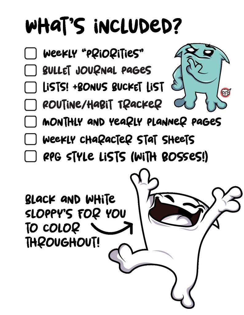 K&ouml;nnte beinhalten: Eine Checkliste mit zwei Comicfiguren. Die Checkliste enth&auml;lt zwei Punkte: Bullet-Journal-Seiten und Routine-/Gewohnheits-Tracker. Die Figur links ist ein wei&szlig;es Comicmonster mit erhobenen Armen. Die Figur rechts ist ein blaues Comicmonster mit verschr&auml;nkten Armen und einem nachdenklichen Ausdruck.