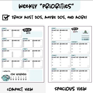 K&ouml;nnte beinhalten: Ein Wochenplaner mit hellblauem Hintergrund und einem schwarzen H&auml;kchen. Der Planer tr&auml;gt den Titel "Weekly "PRIORiTies"" und den Text "TRACK MUST DOS, MAYBE DOS, AND MORE!" Der Planer bietet zwei Ansichten: "kompakt" und "ger&auml;umig". Die kompakte Ansicht hat einen Bereich f&uuml;r "Week of APPTs" und einen Bereich f&uuml;r "I intend to..." mit einer Comicfigur, die Wasser trinkt. Die ger&auml;umige Ansicht hat einen Bereich f&uuml;r "Week of APPTs" mit einer Comicfigur und dem Text "I'm the boss!" Der Planer hat Bereiche f&uuml;r jeden Tag der Woche mit Kontrollk&auml;stchen f&uuml;r "MUST DOS" und "MAYBE DOS".