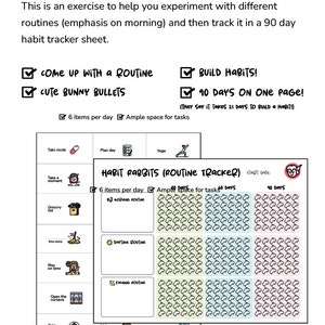 K&ouml;nnte beinhalten: Ein druckbares Habit-Tracker-Blatt mit einem rosa-wei&szlig;en Farbschema. Das Blatt zeigt eine Hasengrafik und den Text "Habit Rabbits (Routine Tracker)". Das Blatt ist in drei Abschnitte unterteilt: "Morning Routine", "Daytime Routine" und "Evening Routine". Jeder Abschnitt hat ein Raster mit 90 Quadraten, die 90 Tage repr&auml;sentieren. Die Quadrate sind so konzipiert, dass sie mit einem H&auml;kchen oder einem anderen Symbol ausgef&uuml;llt werden, um den Fortschritt einer Gewohnheit zu verfolgen.