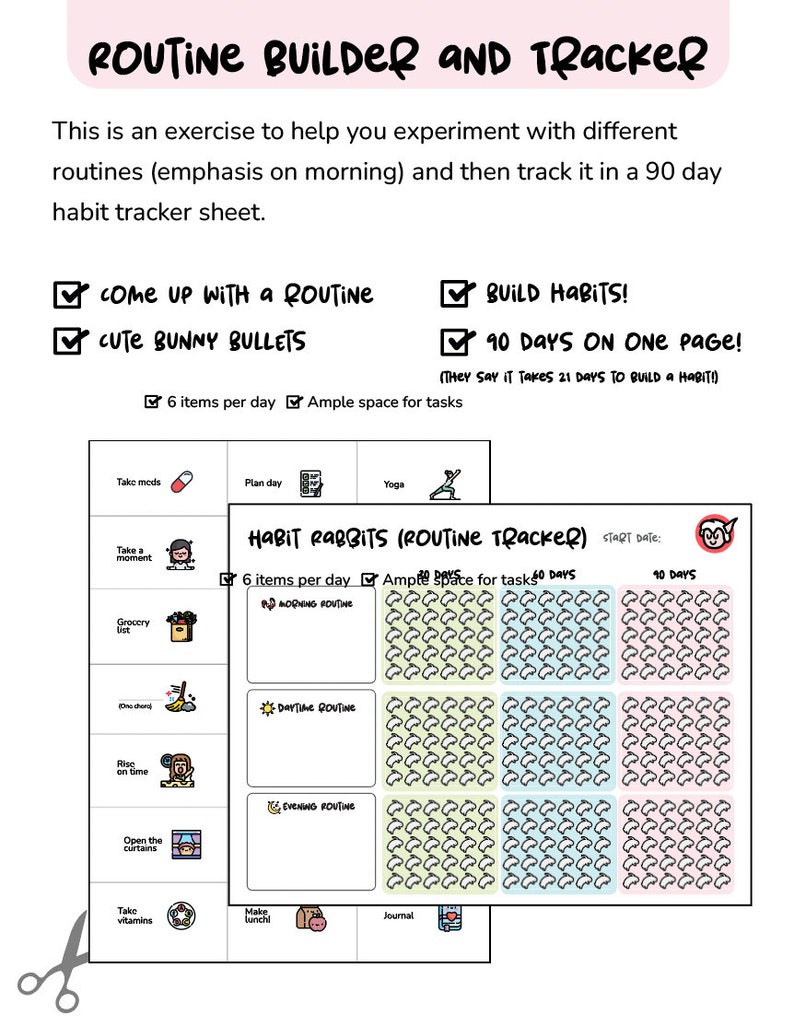 K&ouml;nnte beinhalten: Ein druckbares Habit-Tracker-Blatt mit einem rosa-wei&szlig;en Farbschema. Das Blatt zeigt eine Hasengrafik und den Text "Habit Rabbits (Routine Tracker)". Das Blatt ist in drei Abschnitte unterteilt: "Morning Routine", "Daytime Routine" und "Evening Routine". Jeder Abschnitt hat ein Raster mit 90 Quadraten, die 90 Tage repr&auml;sentieren. Die Quadrate sind so konzipiert, dass sie mit einem H&auml;kchen oder einem anderen Symbol ausgef&uuml;llt werden, um den Fortschritt einer Gewohnheit zu verfolgen.