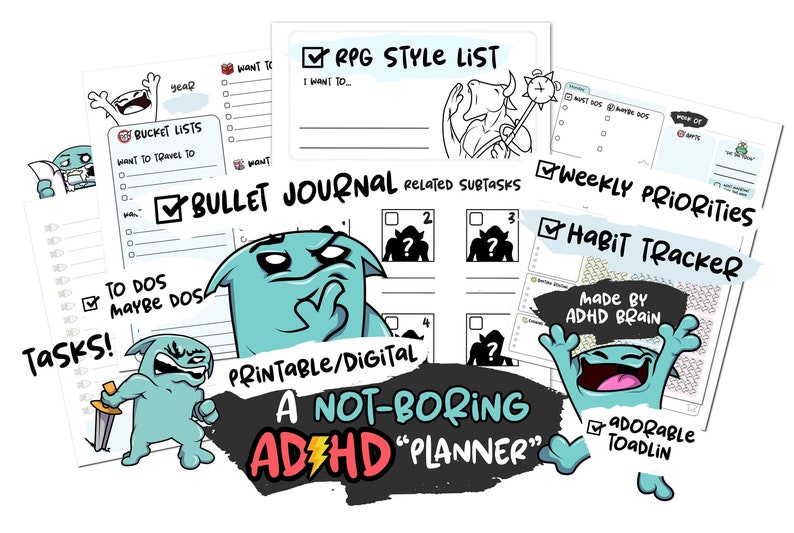 K&ouml;nnte beinhalten: Ein Satz druckbarer Planerseiten, die f&uuml;r Menschen mit ADHS entwickelt wurden. Die Seiten bieten eine Vielzahl von Organisationswerkzeugen, darunter eine Wunschliste, eine To-Do-Liste, einen Habit-Tracker und w&ouml;chentliche Priorit&auml;ten. Die Seiten sind mit Comicfiguren und dem Text "Ein nicht langweiliger ADHS-Planer" illustriert.
