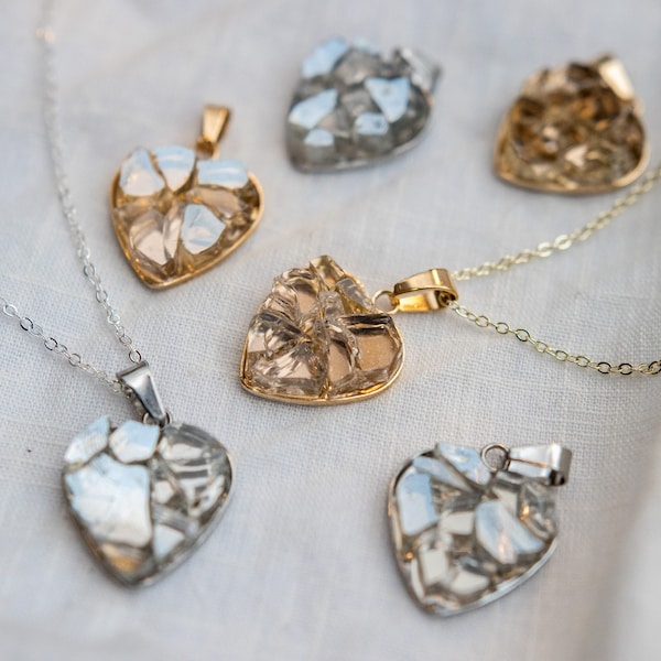 Broken Heart Pendant / Crushed Mirror Glass / Corresponding Gold or Silver Plated Chain Included / Gift Box Included