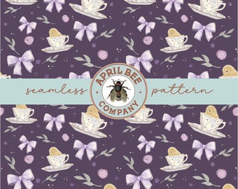 Cute Chick in a Tea Cup Seamless Pattern, Coquette Bows and Floral Repeating Pattern, Chicken Spring Digital Paper