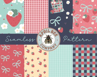 May include: A collection of seamless patterns featuring strawberries, bows, gingham, and floral elements in shades of red, pink, blue, and yellow. The patterns are arranged in a grid, with the words "Seamless Pattern" and the "April Bee Company" logo.
