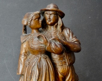 Antique French Sculpture - Intricately Carved Breton Couple - Traditional Costume - Wood Sculpture  - Antique French Craft - D136