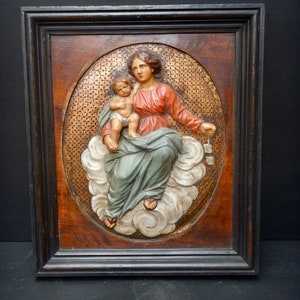 Superb Antique Polychrome Plaque -Mary and the Infant Jesus - Madonna and Child - Hand Painted Framed Christ Child in Bas Relief - RP118