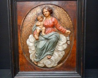 Wspaniała antyczna polichromowana tablica - Maryja i Dzieciątko Jezus - Madonna z Dzieciątkiem - Malowana ręcznie oprawiona płaskorzeźba przedstawiająca Dzieciątko Jezus - RP118