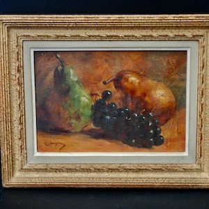 Original 1930s Parisian Art - Vintage French Painting - Oil on Wood Pears and Grapes - Original Signed Still Life by Paul Dangman - DC7